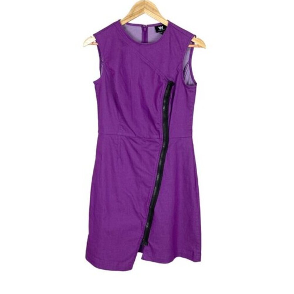 W BY WORTH COTTON CANVAS PURPLE FRONT ZIPPER SHEATH DRESS - Picture 4 of 9